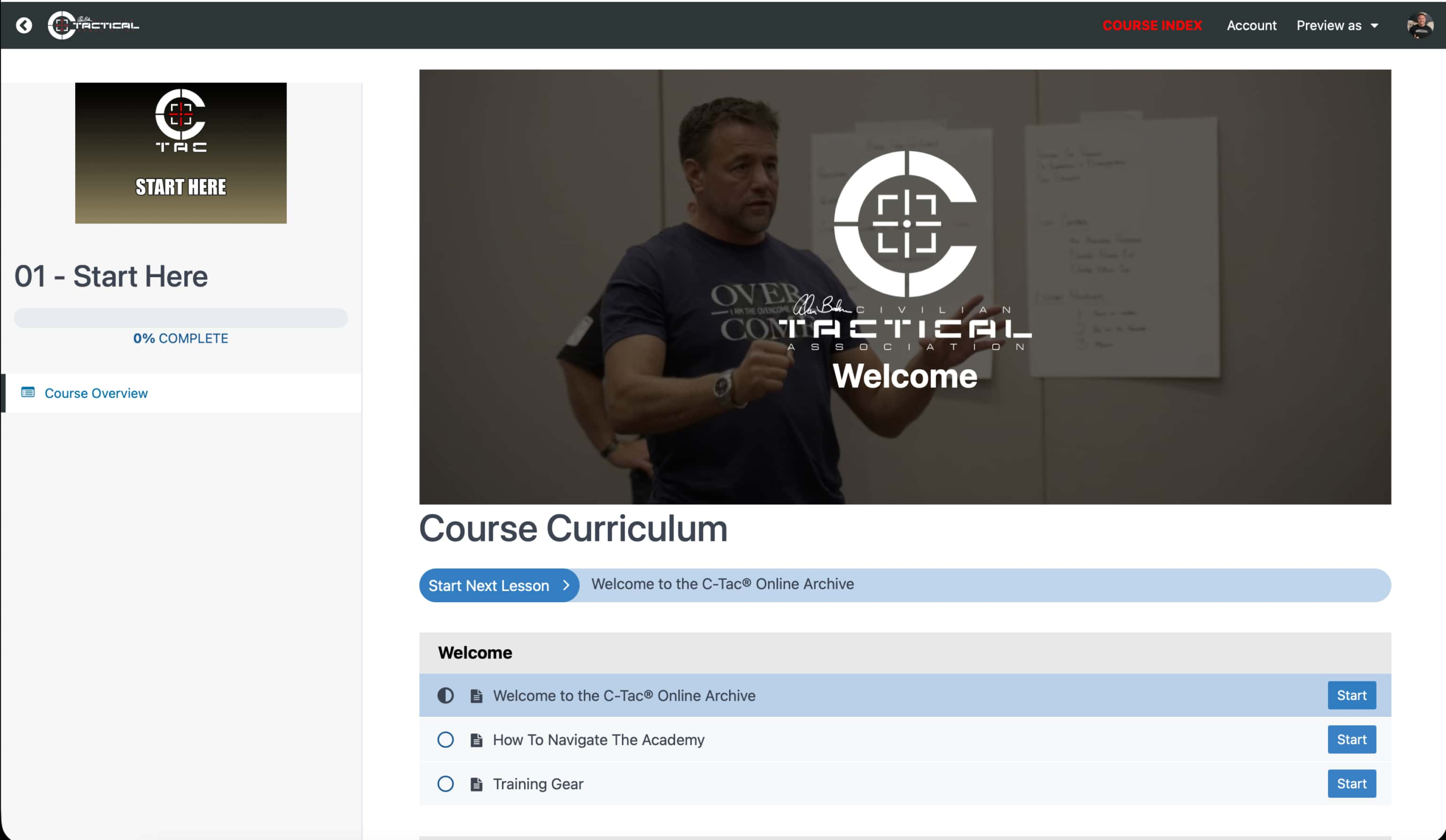 C-Tac Student University Start Here dashboard